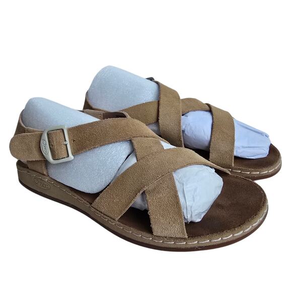 Chaco Women’s Wayfarer Size 7 Tan Suede Leather Sandals Criss Cross Strap Buckle - Picture 2 of 10